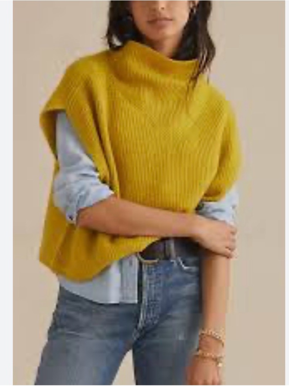 Anthropologie Cashmere Mustard Ribbed Cowl-Neck Knit Vest Sz XS